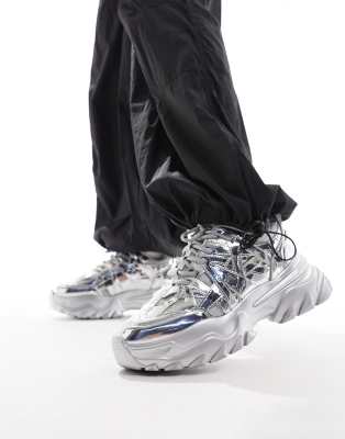 国内で当店のみ ADC - Stardust Silver Chunky Derby Shoes ASOS DESIGN chunky sneakers in silver metallic | ASOS