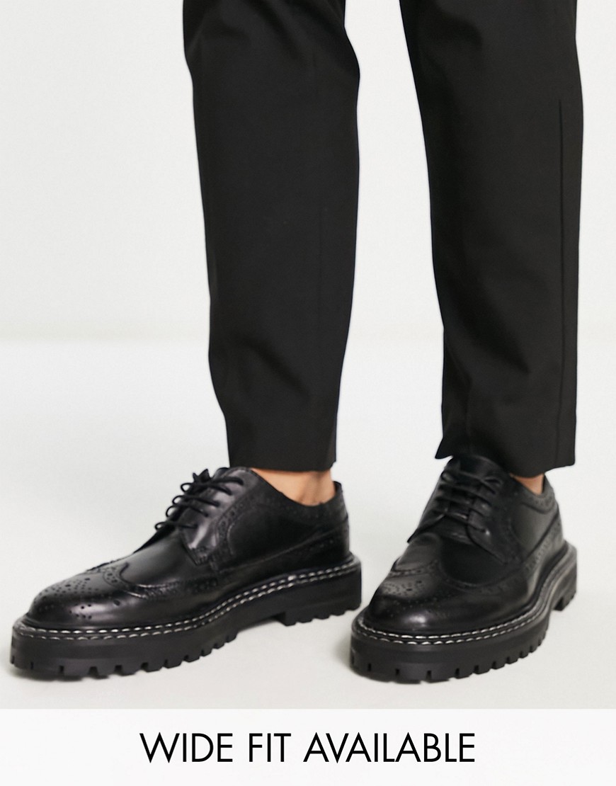 Asos Design Brogue Shoes In Black Leather With Chunky Sole
