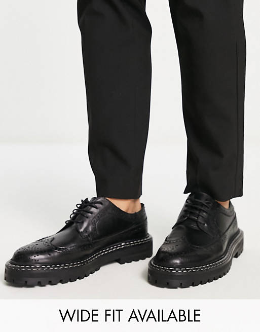 ASOS DESIGN chunky sole brogue shoes in black leather | ASOS