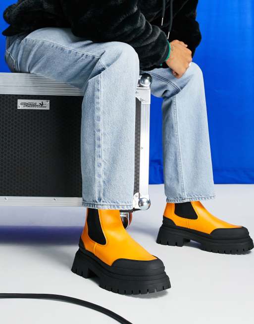 ASOS DESIGN chunky sole calf chelsea boot in orange faux leather with contrast sole, 3 of 4