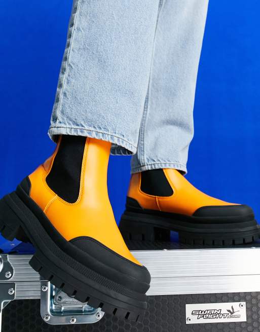 ASOS DESIGN chunky sole calf chelsea boot in orange faux leather with contrast sole, 4 of 4