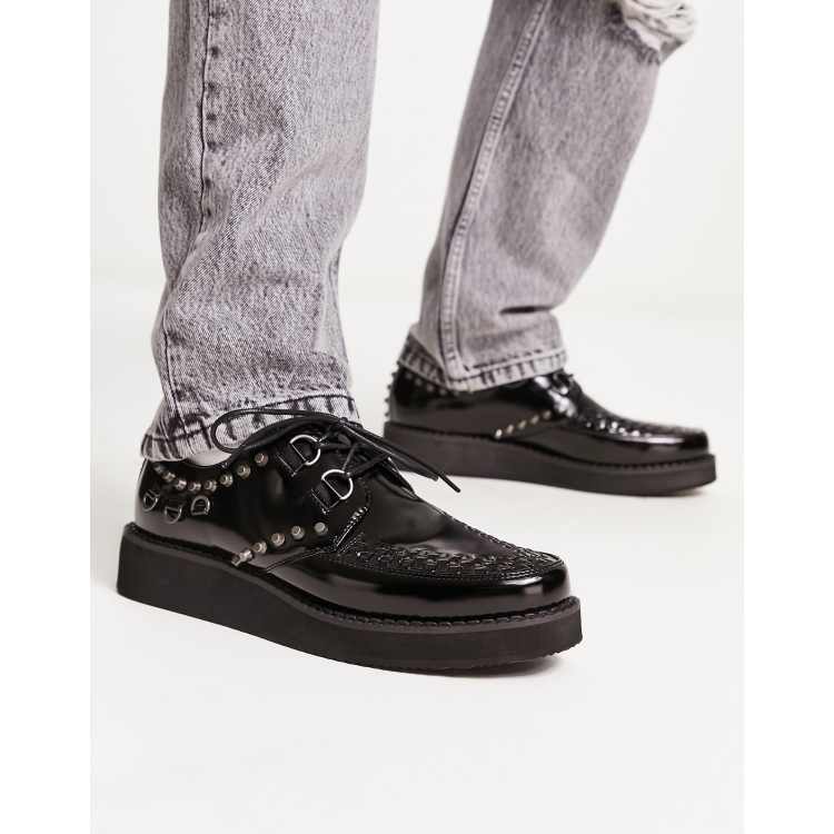 DESIGN chunky sole creeper shoes with eyelet detail in black faux leather | ASOS