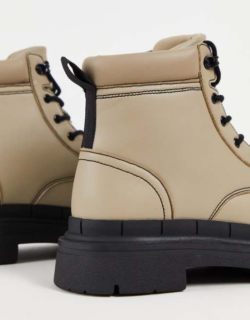 ASOS DESIGN chunky sole lace up boot with contrast stitch in taupe faux leather, 3 of 4