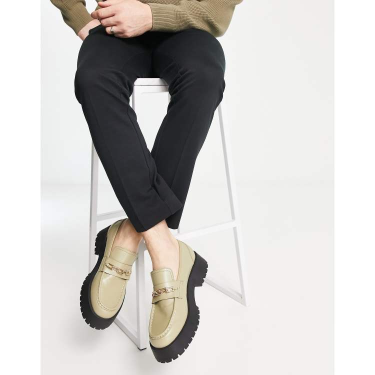 ASOS DESIGN chunky sole loafers in sage faux leather with chain