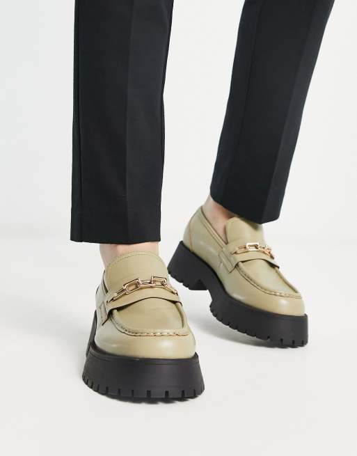 ASOS DESIGN chunky sole loafers in sage faux leather with chain