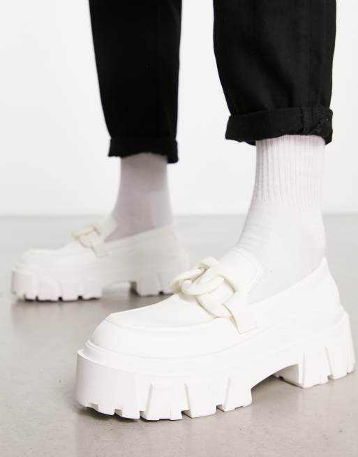 ASOS DESIGN chunky sole loafers in white faux leather with chain