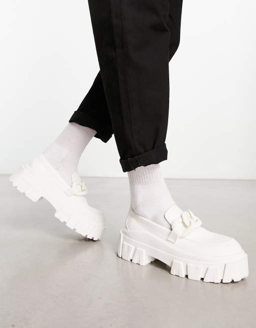 ASOS DESIGN chunky sole loafers in white faux leather with chain