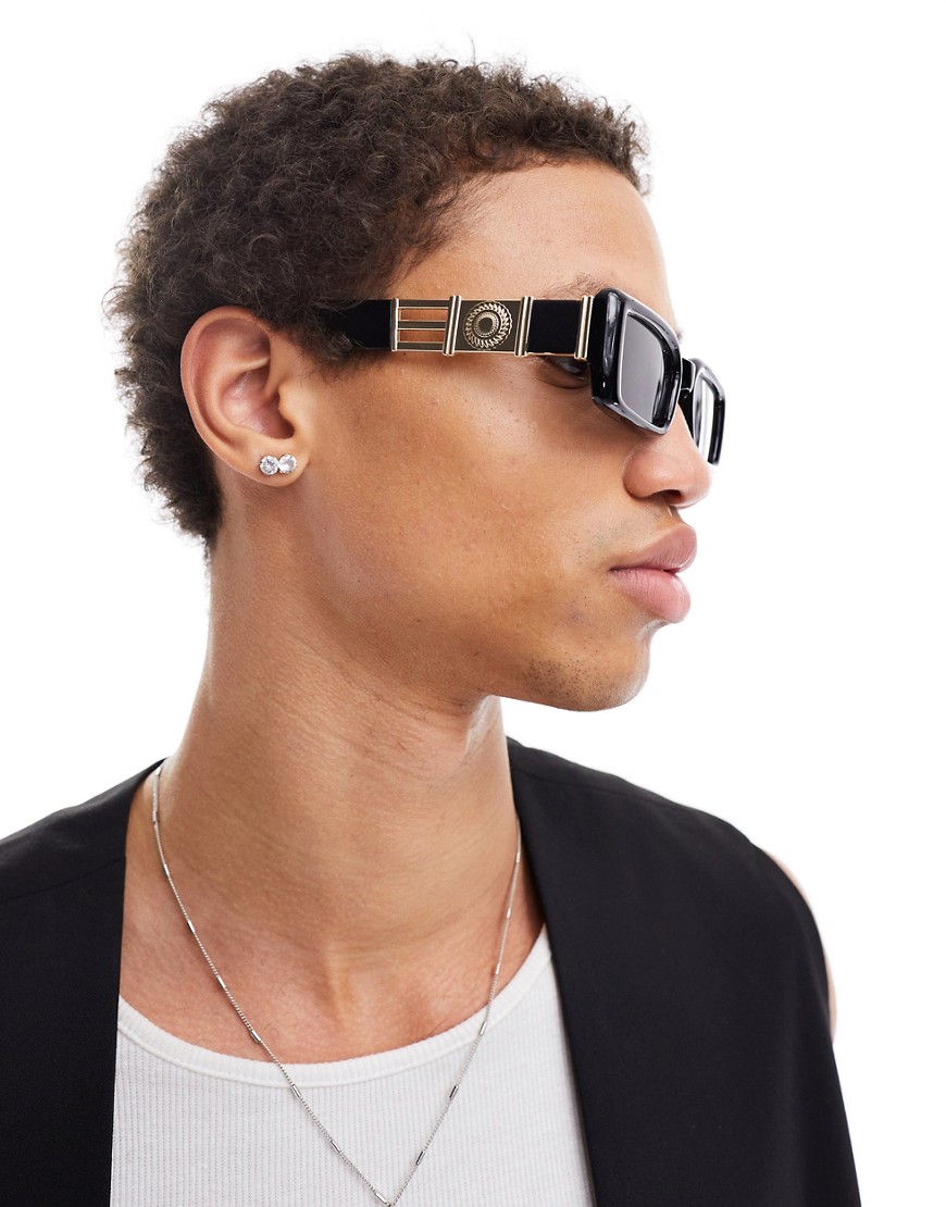 chunky square sunglasses with gold temple design in black