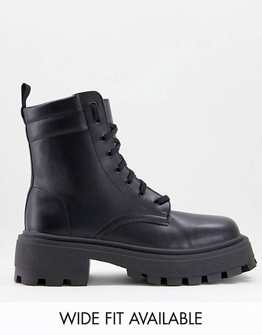 ASOS DESIGN chunky square toe lace up boot in black faux leather