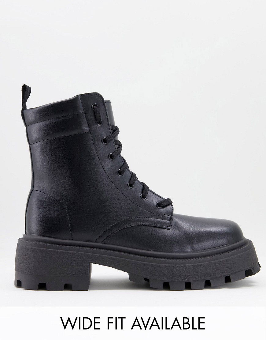 ASOS DESIGN chunky square toe lace up boots in black faux leather