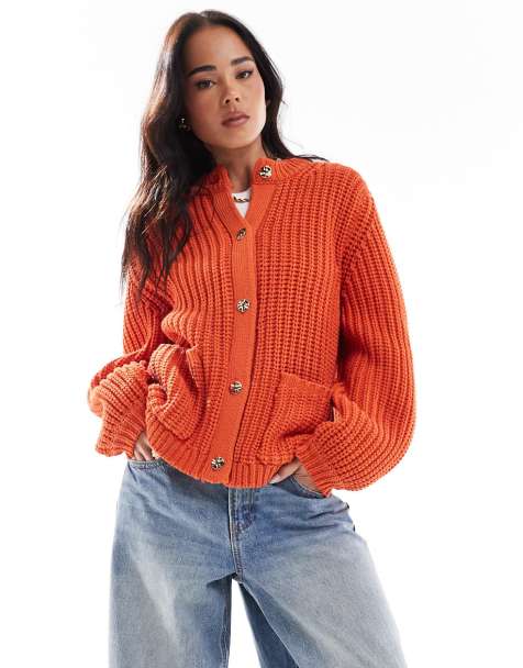 ASOS DESIGN chunky stitch cardigan with gold buttons in orange