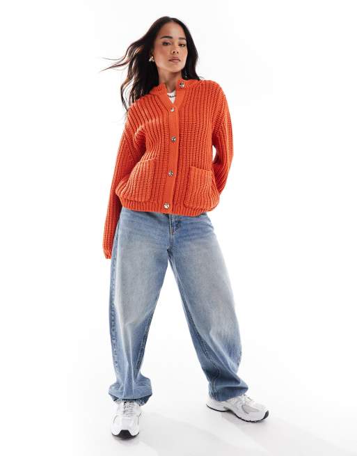 ASOS DESIGN chunky stitch cardigan with gold buttons in orange