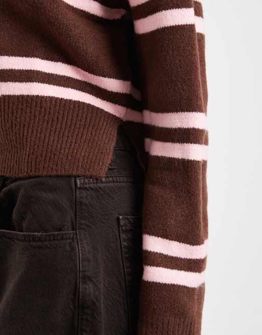 ASOS DESIGN chunky stripe crew neck jumper in chocolate and pink, 2 of 4