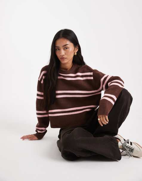 ASOS DESIGN chunky stripe crew neck sweater in chocolate and pink - view 1