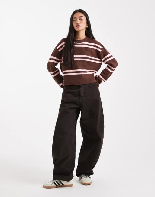 ASOS DESIGN chunky stripe crew neck sweater in chocolate and pink