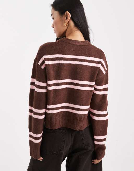 ASOS DESIGN chunky stripe crew neck sweater in chocolate and pink