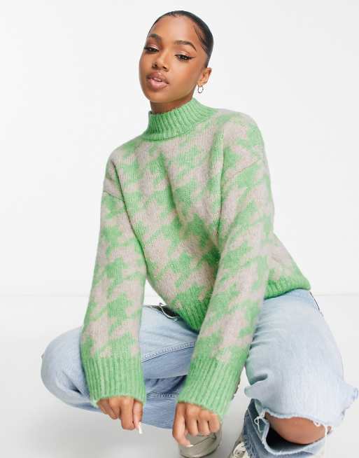 ASOS DESIGN chunky sweater in houndstooth pattern in green