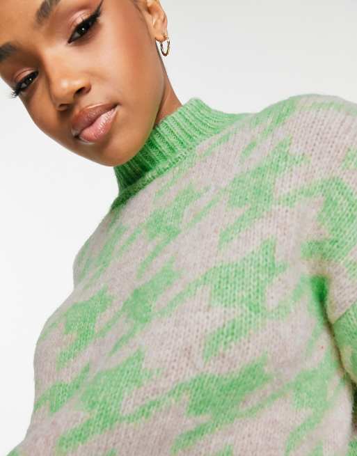 ASOS DESIGN chunky sweater in houndstooth pattern in green ASOS