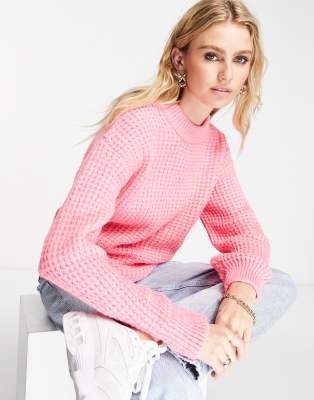 Asos Design Chunky Sweater With Crew Neck In Textured Stitch In Pink