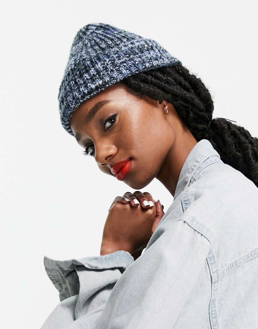 ASOS DESIGN chunky turn up beanie mixed knit in blue-Blues
