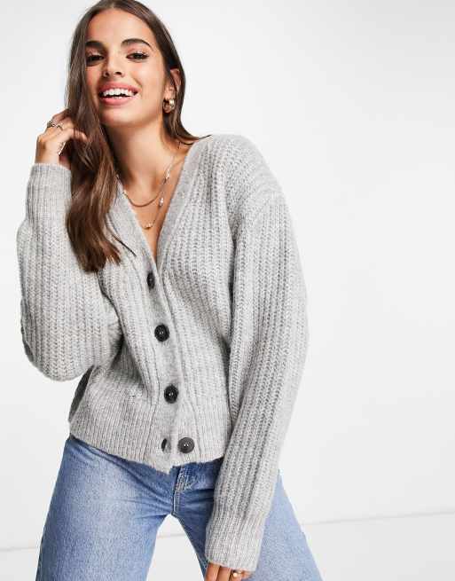 ASOS DESIGN chunky v neck cardigan in wool blend in dark gray