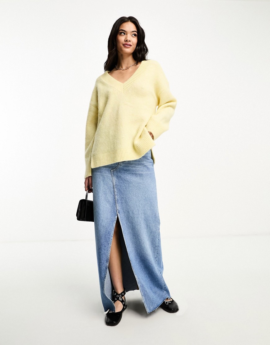 ASOS DESIGN chunky v neck jumper in alpaca wool blend in butter yellow-White