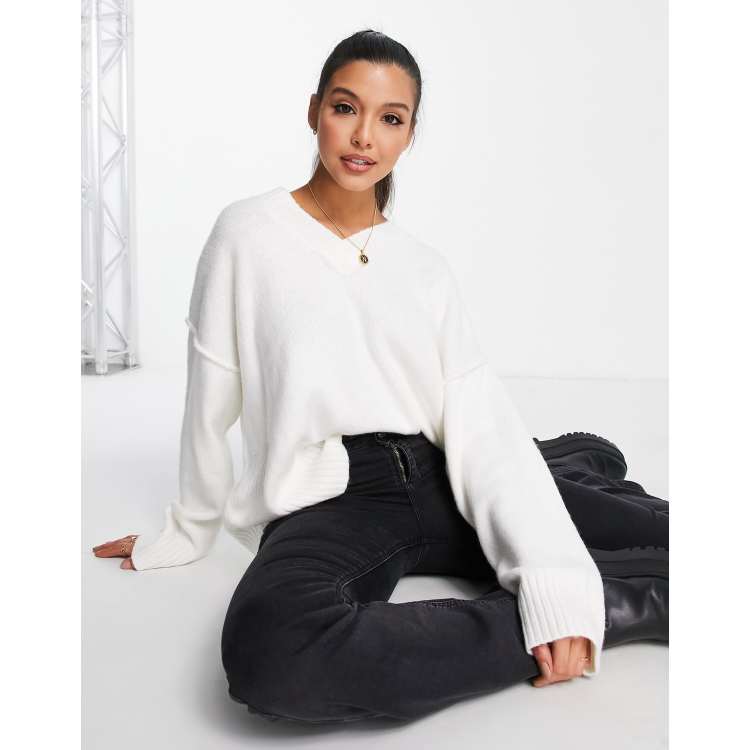 ASOS DESIGN chunky v neck sweater in cream | ASOS