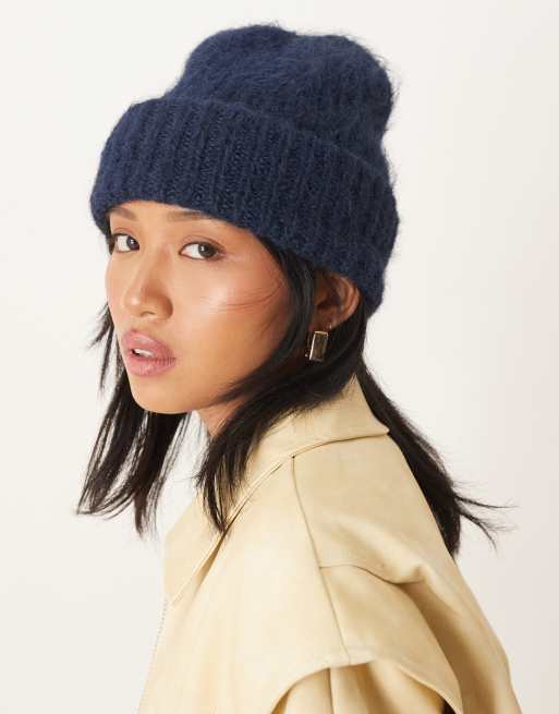 ASOS DESIGN chunky wool knit beanie in navy