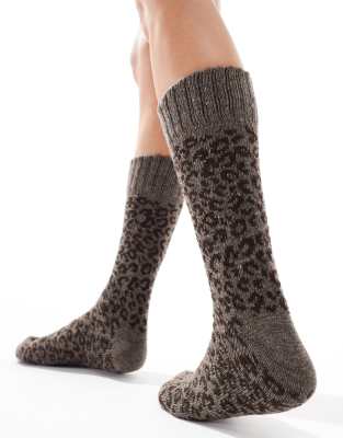 ASOS DESIGN chunky wool leopard knit lounge socks-Brown