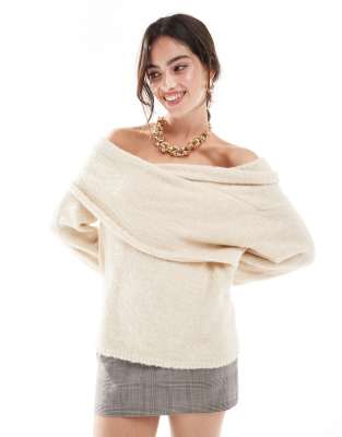 Asos Design Chunky Wrap Bardot Knitted Sweater In Stone-neutral