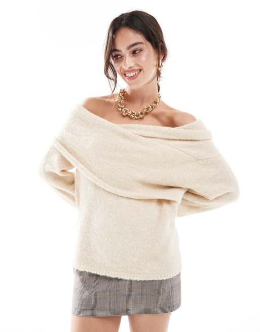 ASOS DESIGN chunky wrap bardot knitted sweater in stone