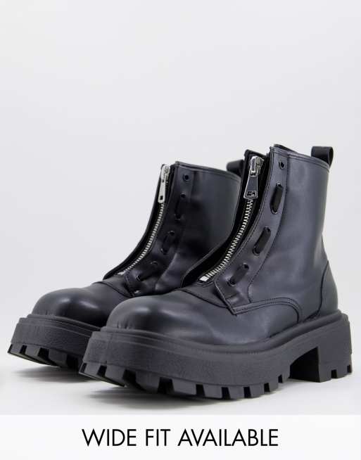 ASOS DESIGN chunky zip front boot with contrat stitching in black faux  leather