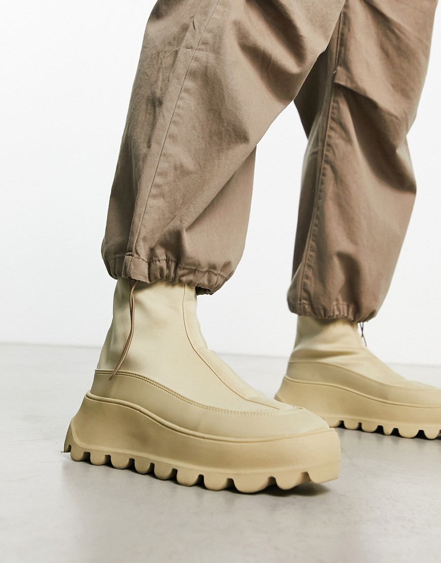 ASOS DESIGN chunky zip up sock boots in beige neoprene-Neutral