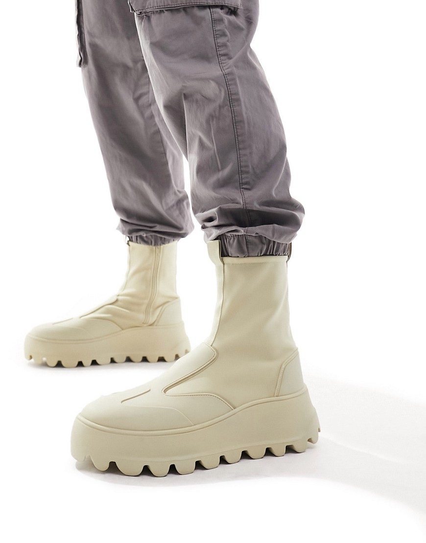 Asos Design Chunky Zip Up Sock Boots In Stone Neoprene-neutral