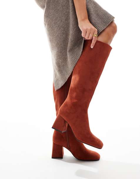 ASOS DESIGN – Ciara – Roströda knähöga boots med blockklack - view 1