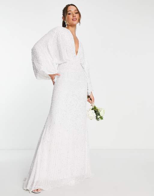 ASOS DESIGN Ciara sequin kimono sleeve wedding dress in ivory