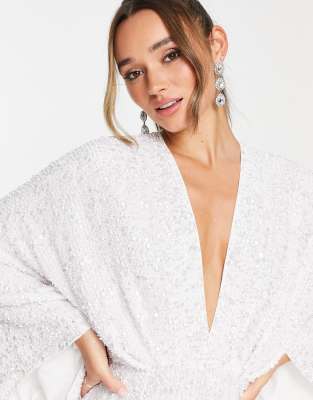 ASOS DESIGN Ciara sequin kimono sleeve wedding dress in ivory ASOS