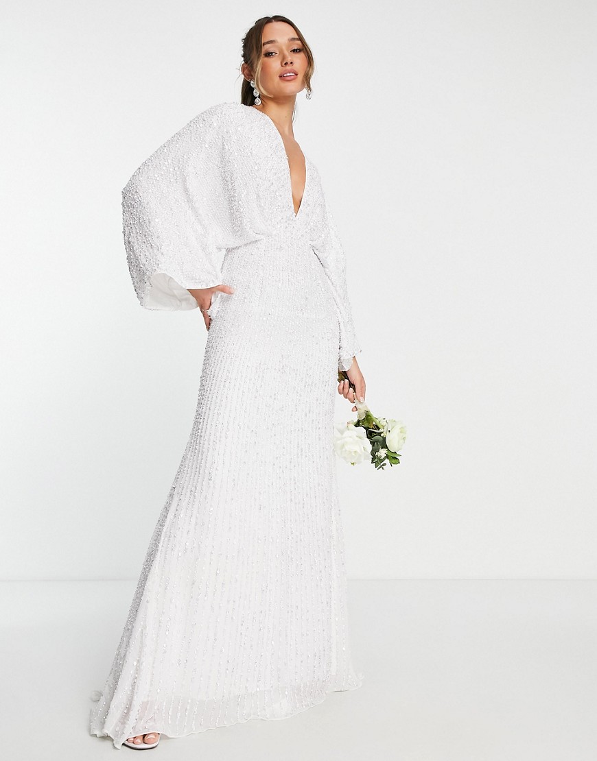ASOS DESIGN Ciara sequin kimono sleeve wedding dress in-White