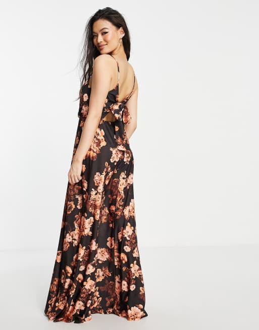 ASOS DESIGN – Ciemna sukienka maxi w kwiaty z kopertowym przodem i wiązaniem z tyłu 