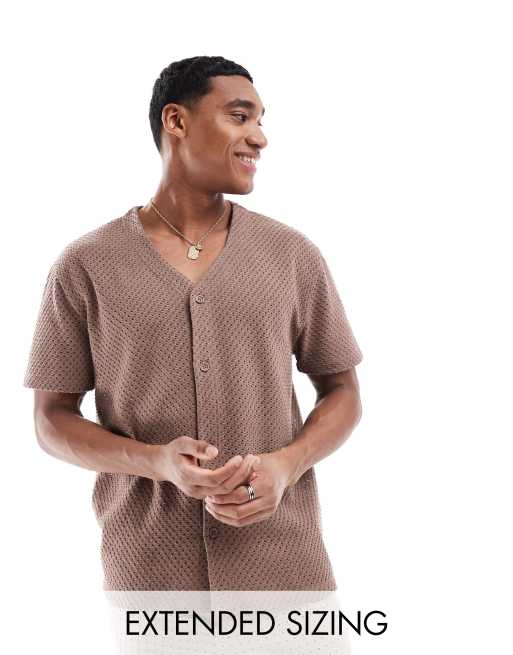 ASOS DESIGN – Ciemnobeżowa teksturowana koszula o luźnym kroju w baseballowym stylu