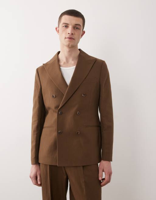 ASOS DESIGN – Ciemnobrązowy dwurzędowy garnitur o dopasowanym kroju z dużą zawartością lnu, 3 z 3
