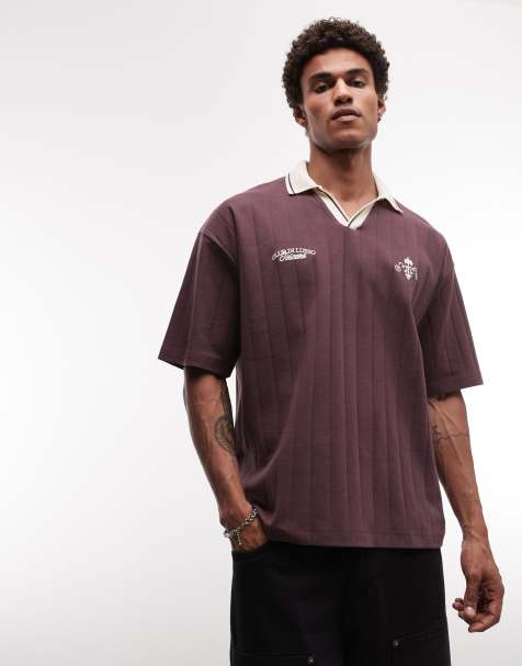 ASOS DESIGN – Ciemnobrązowa gruba koszulka polo oversize w szerokie prążki z haftem z przodu - view 1