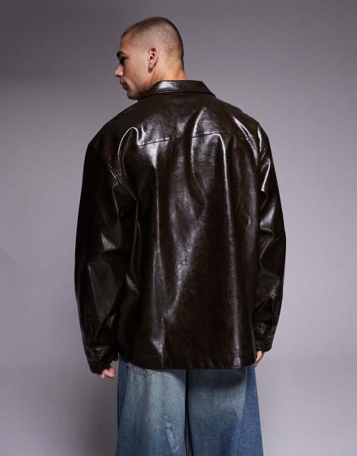 ASOS DESIGN – Ciemnobrązowa koszula wierzchnia z imitacji skóry, 5 z 5