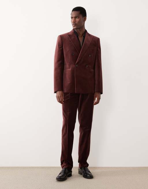 ASOS DESIGN – Ciemnobrązowe dopasowane spodnie garniturowe z zakładkami z przodu z bawełnianego aksamitu