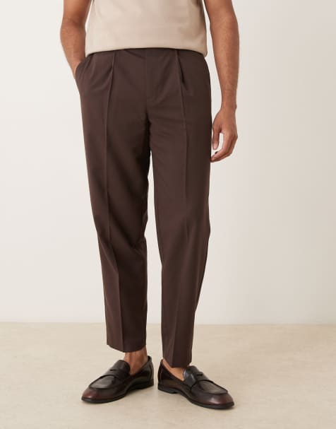 ASOS DESIGN smart relaxed tapered chino trousers with front pleats in dark brown