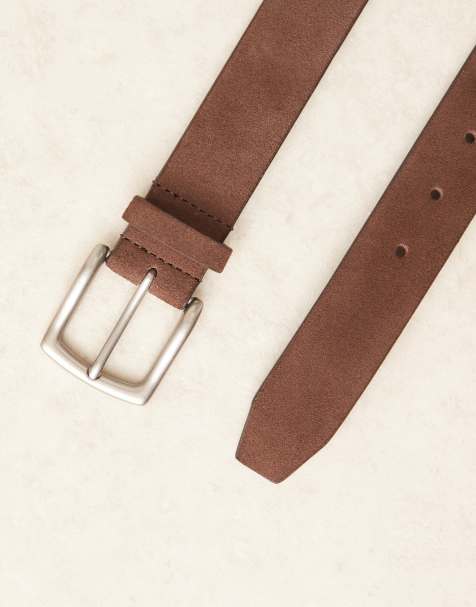 ASOS DESIGN – Ciemnobrązowy elegancki pasek zamszowy z klamrą w kolorze srebra - view 1