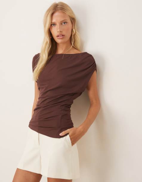 ASOS DESIGN slouchy asymmetric longline gathered top in dark  brown