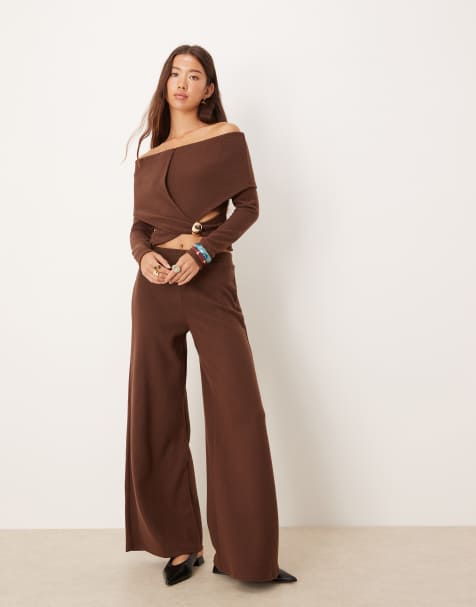 ASOS DESIGN – Ciemnoczekoladowy miękki zestaw ze spodniami z szerokimi nogawkami - view 1