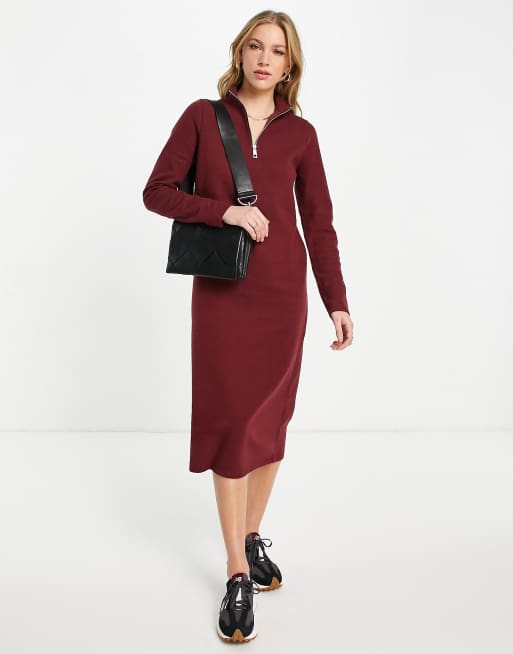 ASOS DESIGN – Ciemnoczerwona bardzo miękka sukienka dzianinowa midi z zapinanym na zamek kołnierzykiem polo