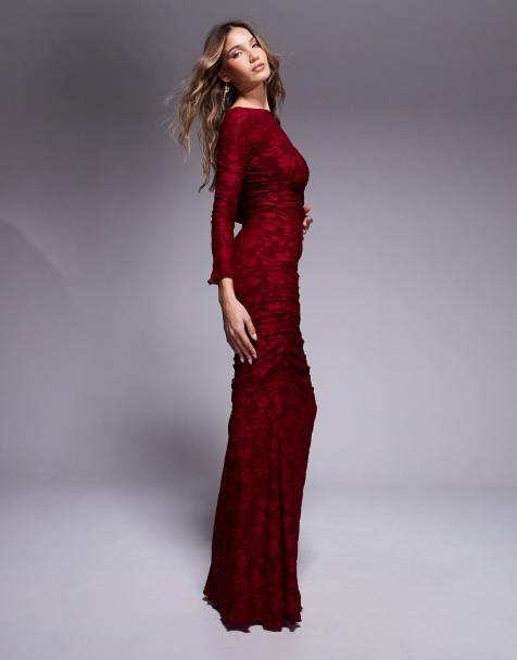 ASOS DESIGN – Ciemnoczerwona sukienka maxi z długimi rękawami, marszczeniami i wzorem devore - view 1
